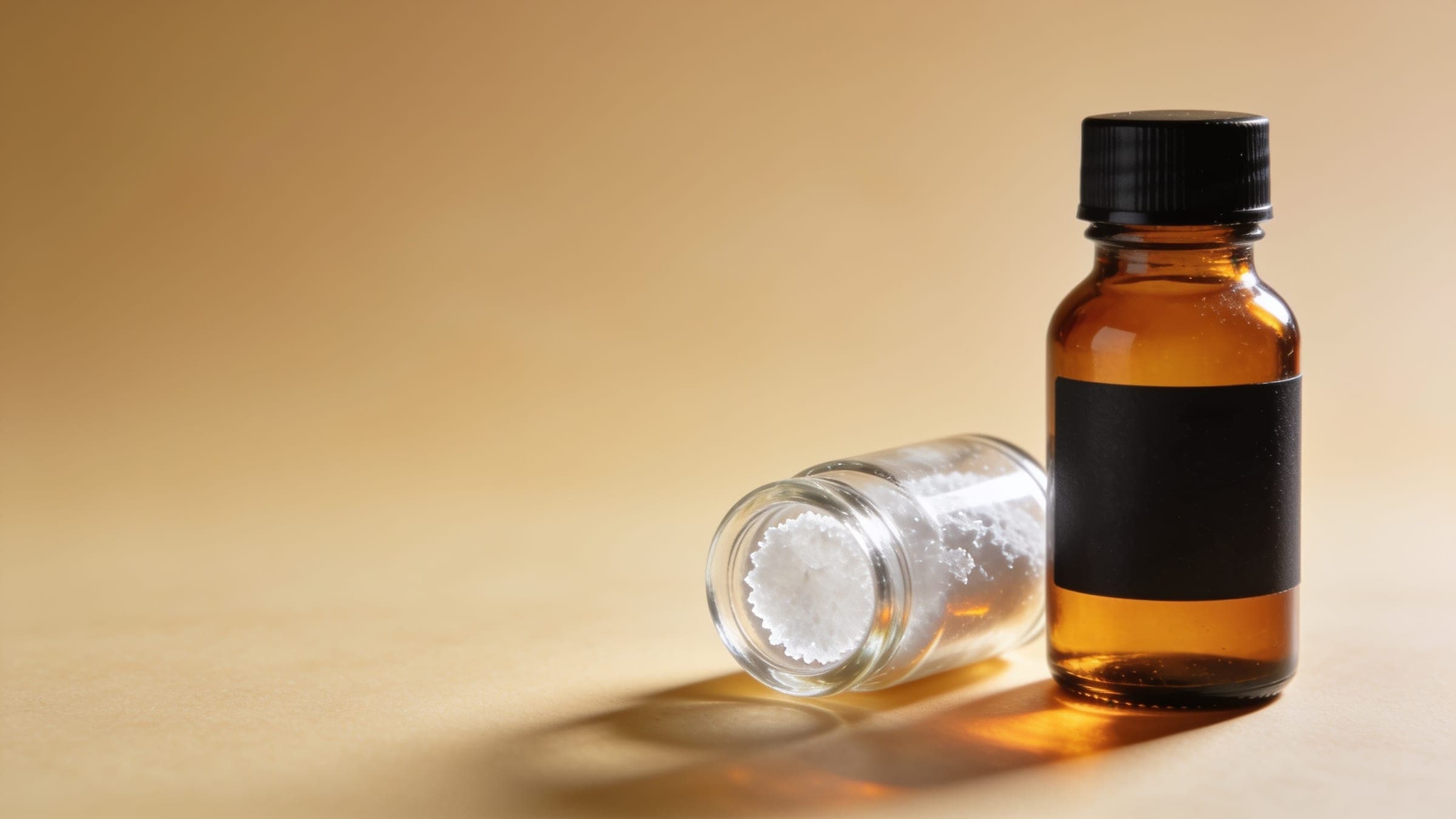 Freeze-dried white powder in a glass vial beside an amber vial